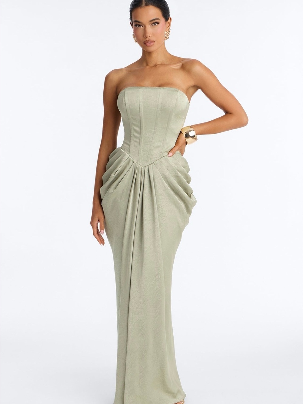 Fashion Nova Strapless Draped Corset Gown in Sage